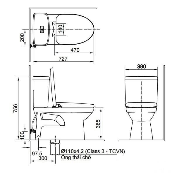 Bản vẽ kỹ thuật bồn cầu Inax 2 khối AC-504VAN