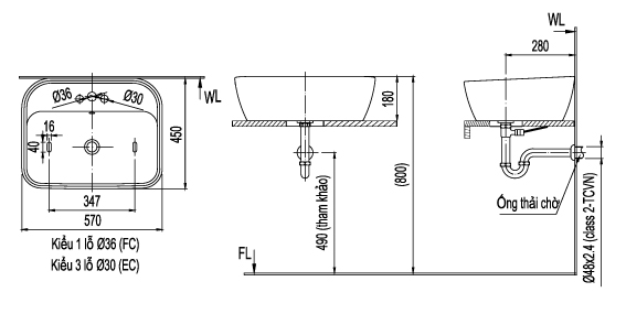 Ban vẽ Chậu rửa Inax đặt bàn L-296V