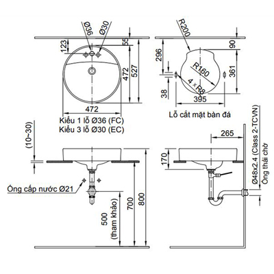 Bản vẽ kỹ thuật chậu rửa Inax đặt bàn AL-294 (EC/FC)