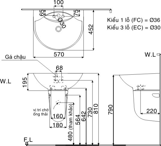 Bản vẽ kỹ thuật Chậu rửa Inax treo tường L-288V+L-288VC